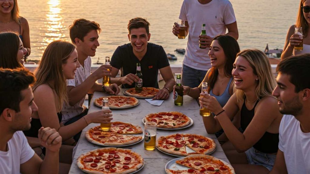 Ristorante sul mare, ragazzi mangiano pizza - teleone.it